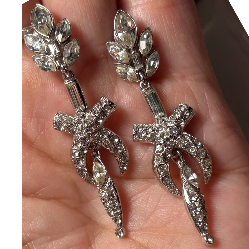 ORA Dangle Earrings Silver Tone Clear Rhinestone Vintage Screw Back Drop